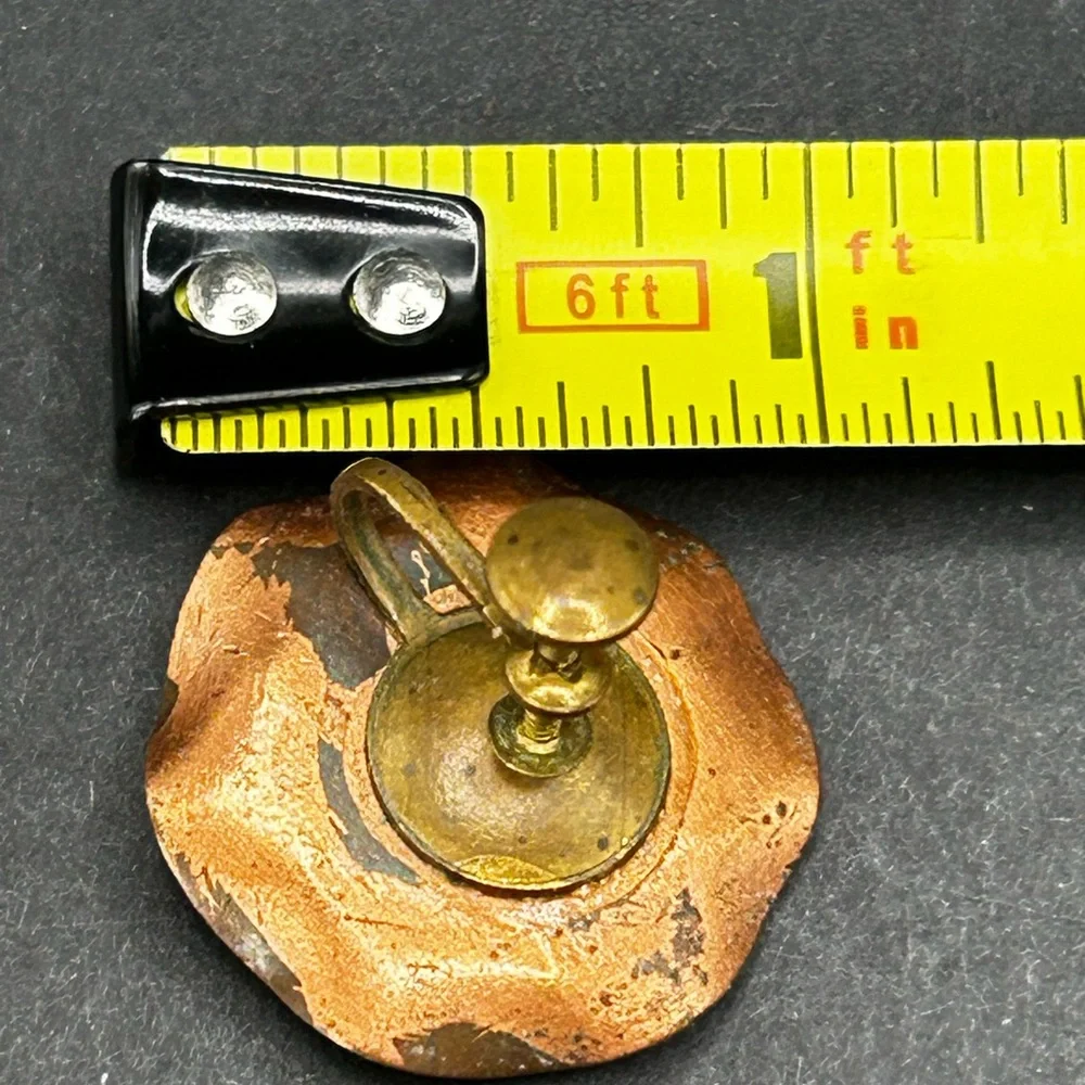 VTG Signed Sheldon Art Glass Copper Brooch and Screwback Earrings Set‎